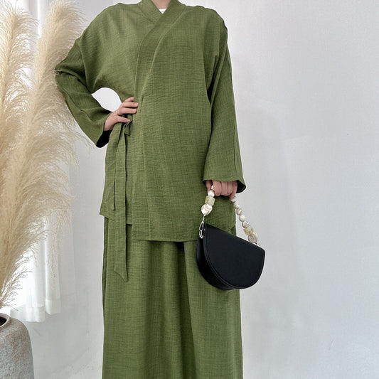 Solid Color Casual Lace Up Middle East Dubai Top And Skirt Suit